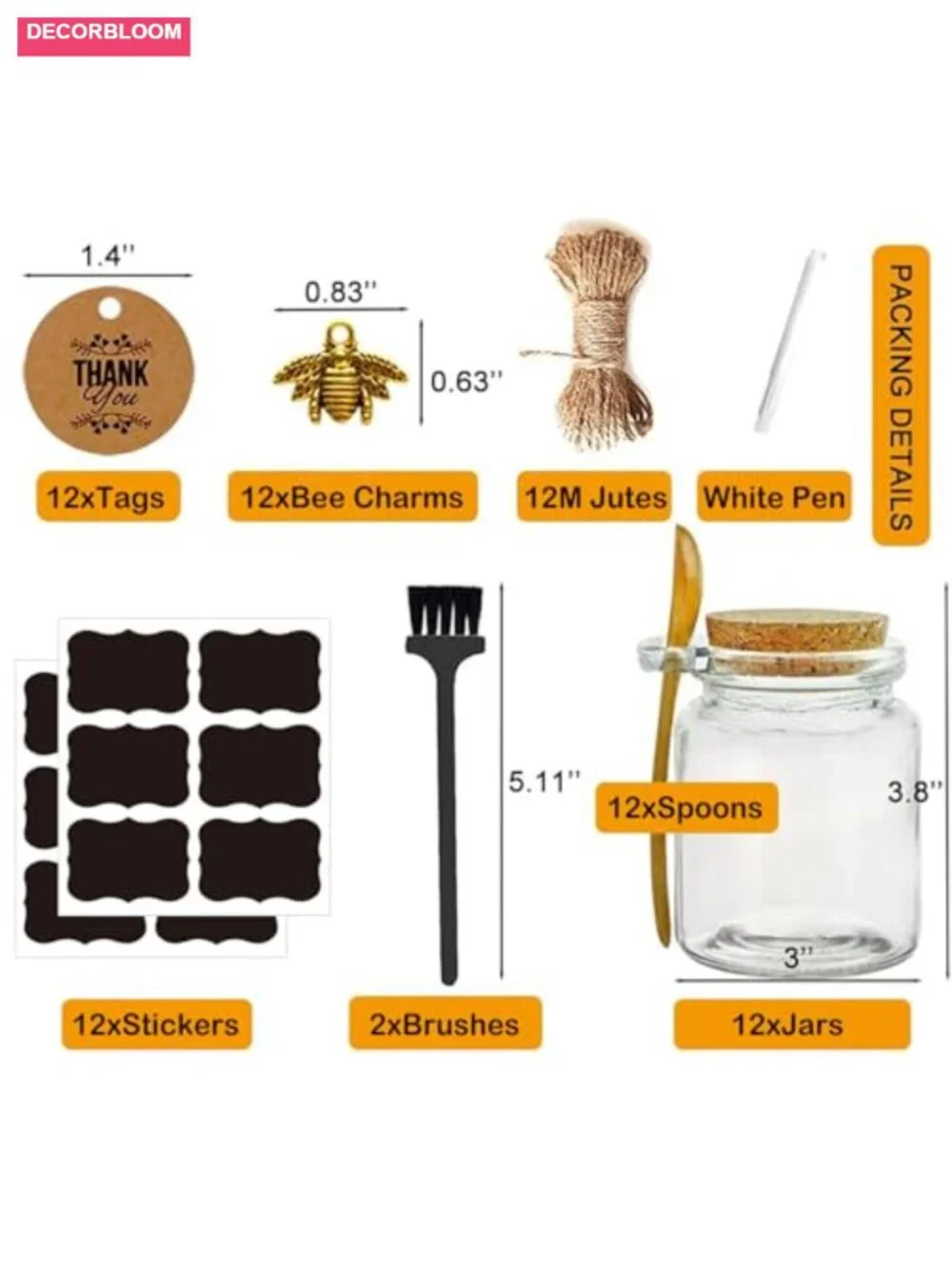 12 Pack 8oz Glass Jars with Bamboo Lids, Spoons, Charms & Tags for DIY Sugar